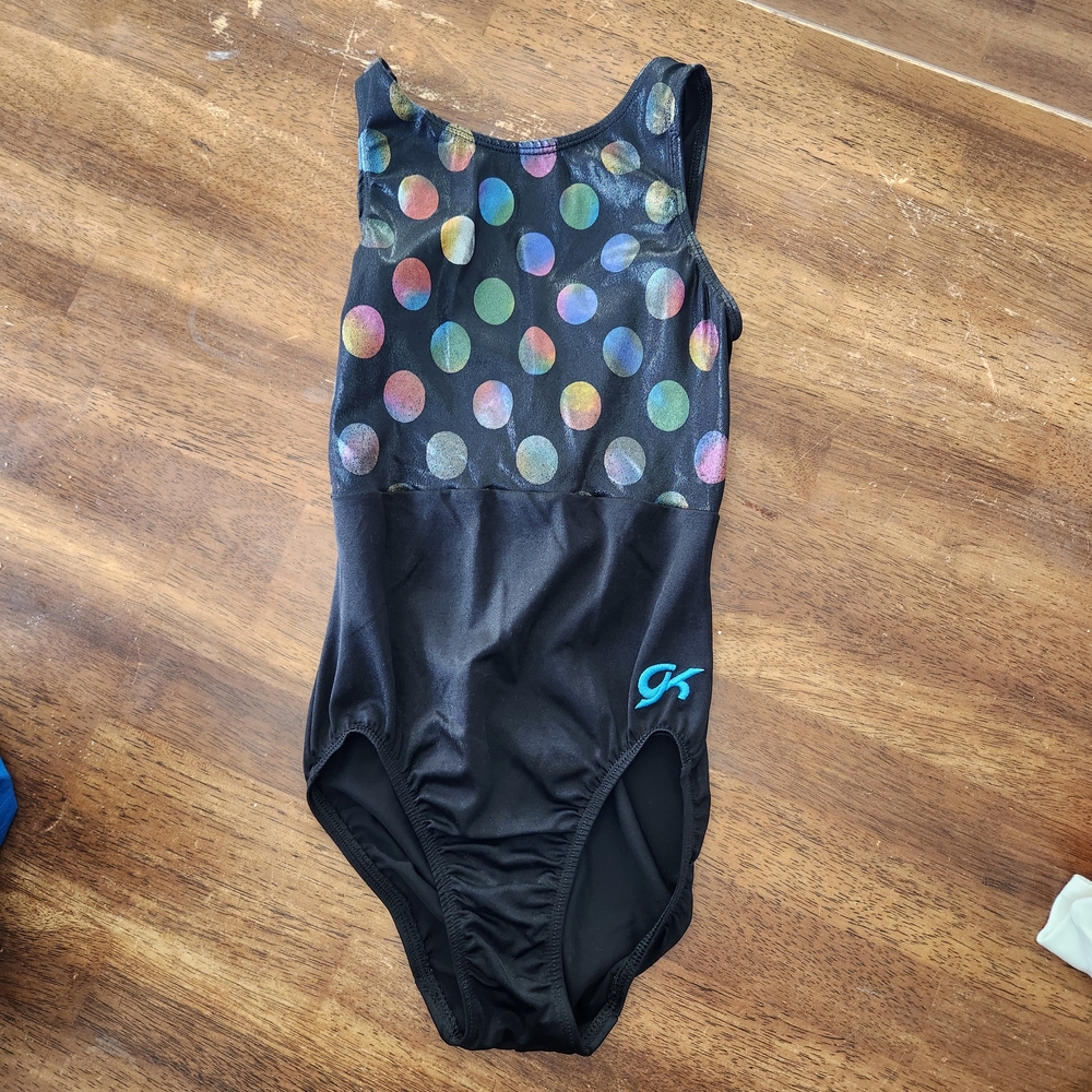 GK Gymnastics Leotard - Black with Multicolor Dots